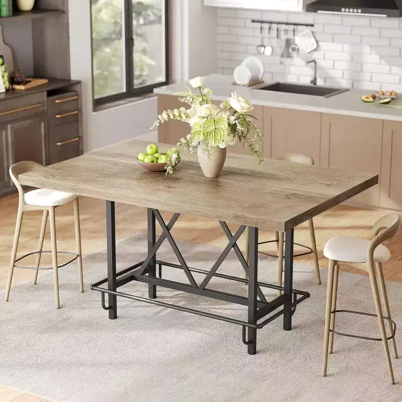 Lantine 63-Inch Industrial Bar Table with Metal Footrest, Counter Height Pub Table for Kitchen, Home Bar & Entertaining (Rustic Gray)