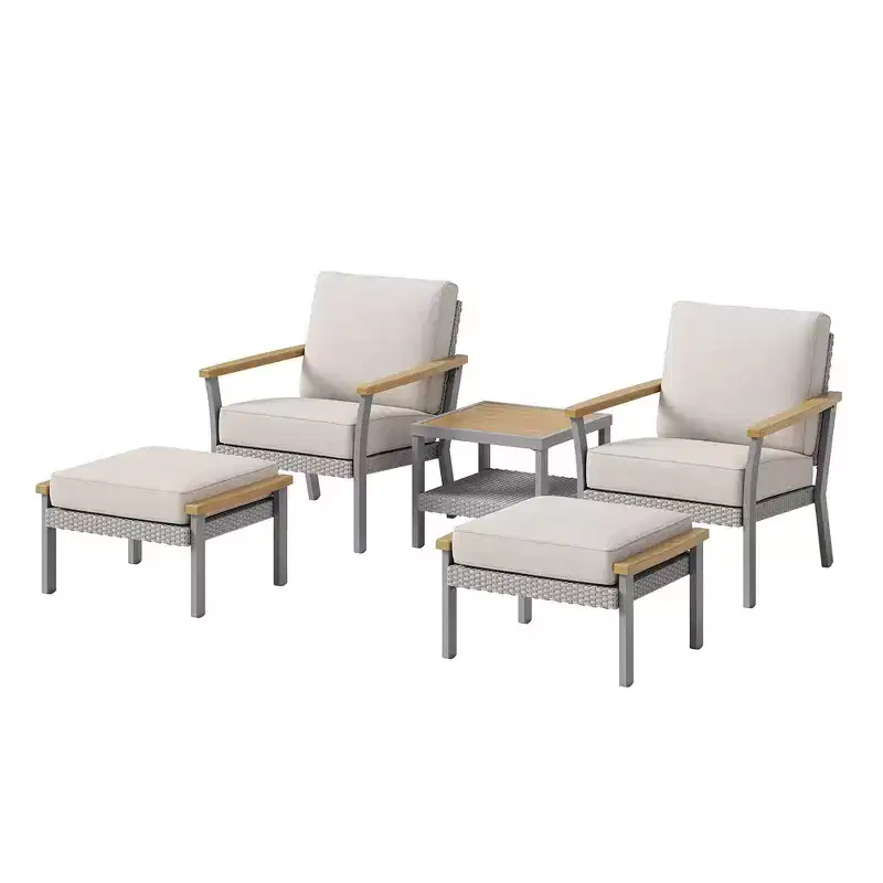 SONGMICS HOME Sencillo Collection - 5 Piece Patio Furniture Set, 2 Lounge Chairs, 2 Ottomans, 1 Coffee Table, Outdoor Furniture, Gray and Beige