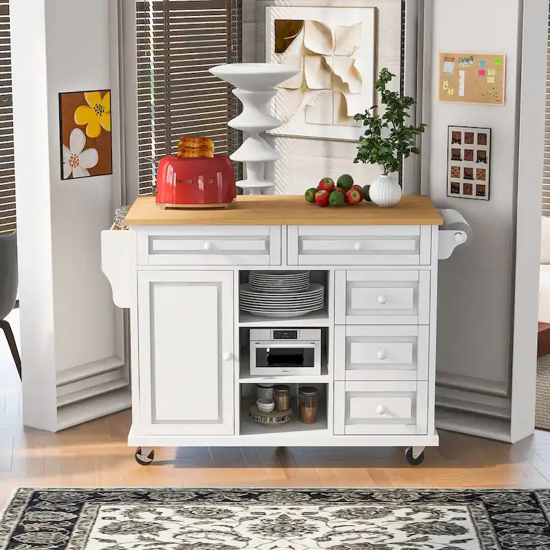 Kitchen Cart With Rubber Wood Desktop Rolling Mobile Kitchen Island With Storage And 5 Draws 53 Inch Length(no include stool)