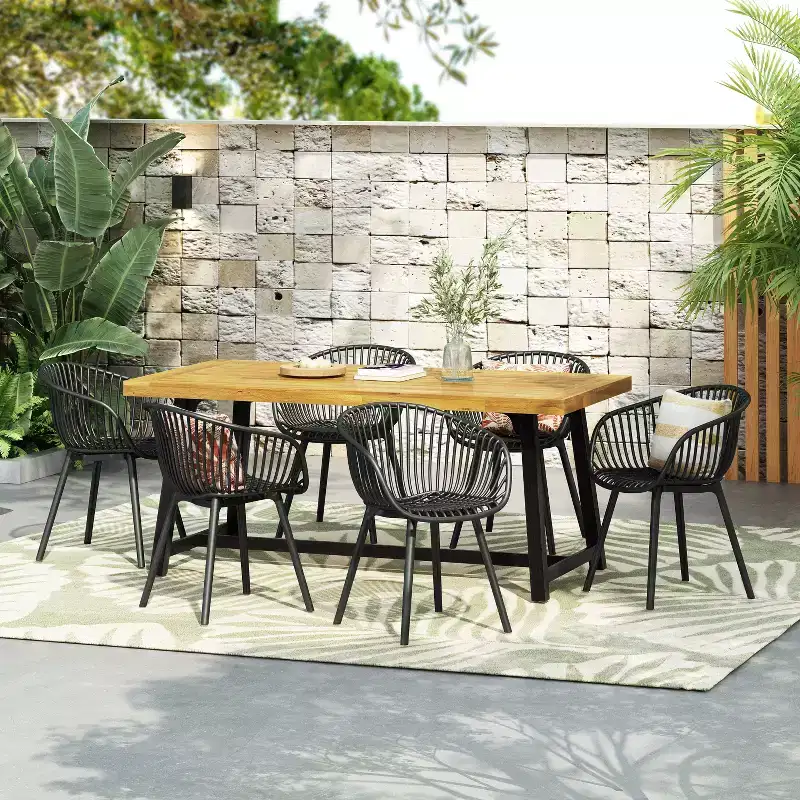 Christopher Knight Home Marley 7 Pieces Patio Modern Acacia Wood and Polypropylene Dining Set, Teak/Black