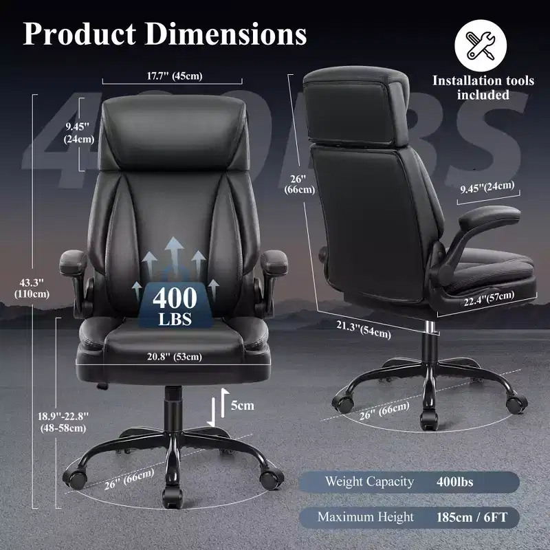 Leather Office Chair, Big and Tall Office Chair Executive Breathable PU Computer Chair with Lumbar Support, Black
