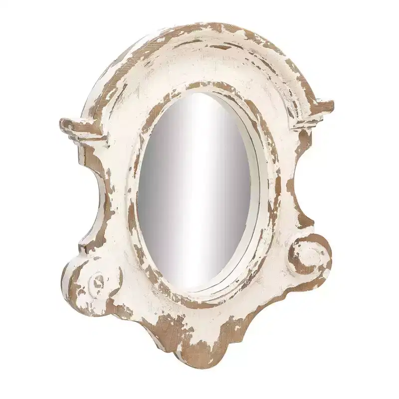 Olivia & May Fiberglass Carved Oval Wall Mirror with Arched Top and Distressing White: Resin Frame, No Assembly Required