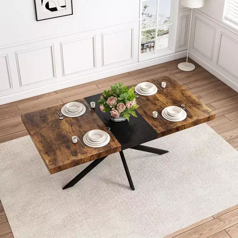 70IN Retro Rectangular Extendable Dining Table, Folding Table with Black Cross Iron Base, Dinner Table for Dining Room