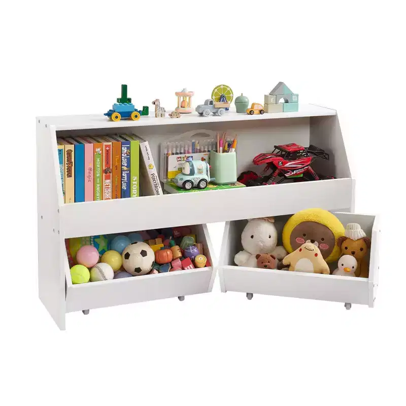 White Wooden Kids Storage Organizer – 2 Mobile Drawers & Bookshelf