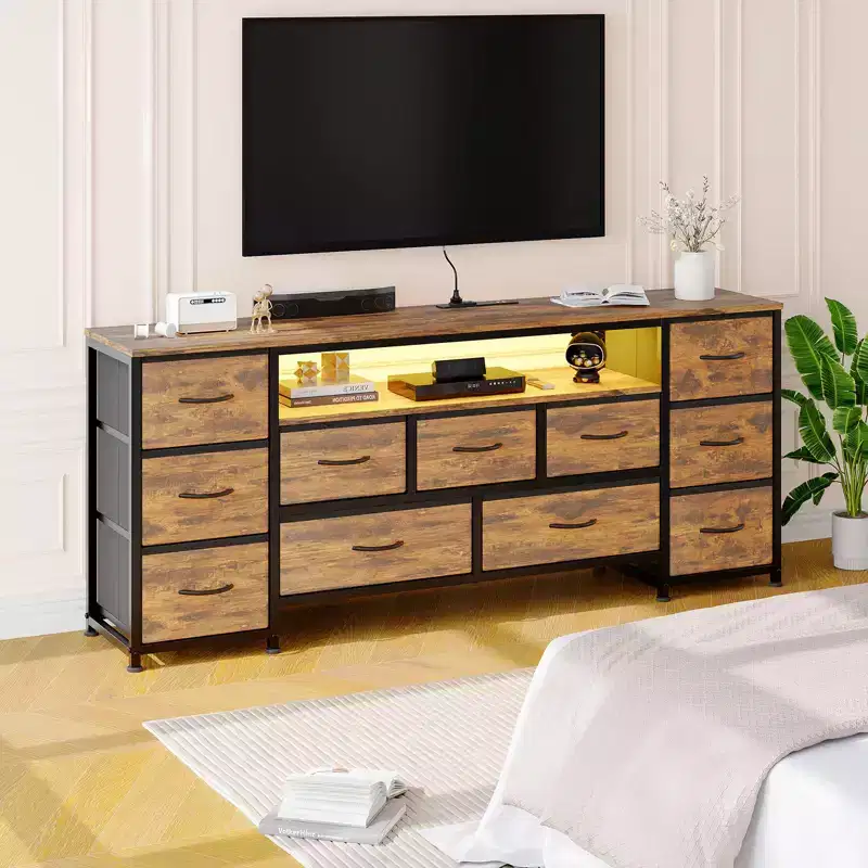 11 Drawer Dresser, TV Stand for 70 Inch TV, Entertainment Center with Storage, Chest of Drawers with Open Shelves for Living Room, Bedroom