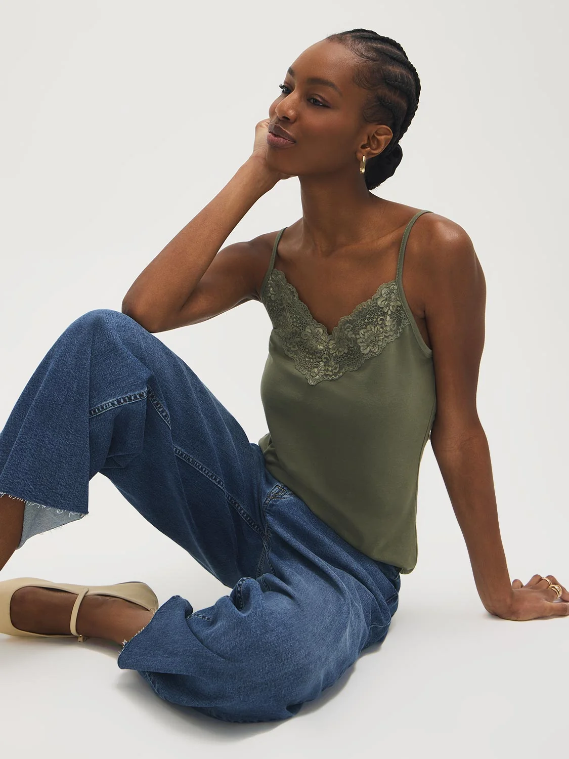 Cotton-Blend Tank Top With Lace Trim