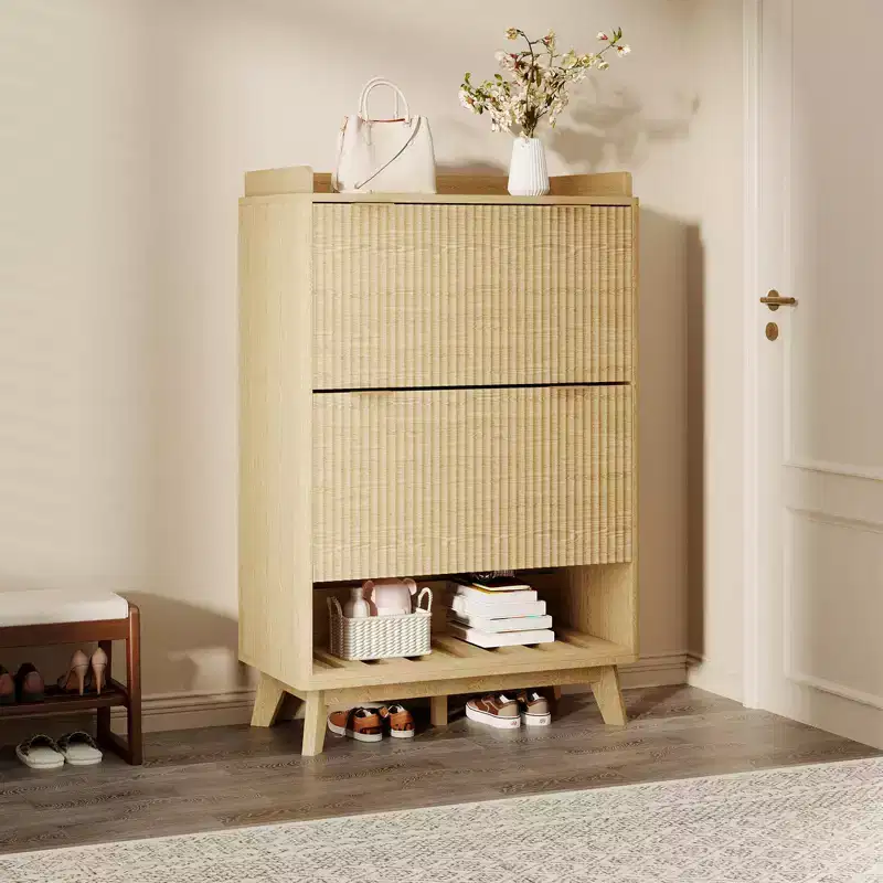 Shoe Storage Cabinet With 2 Flip Drawers, Freestanding Hidden Shoe Organizer, Wooden Narrow Shoe Rack Cabinet For Hallway Living Room