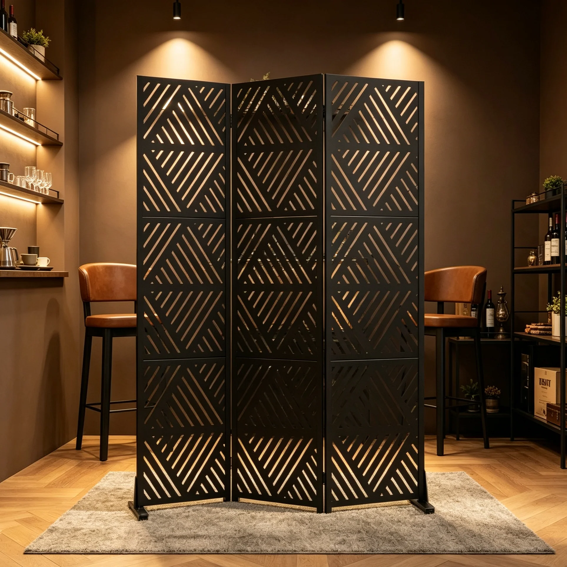 Triangular Prismatic Black Galvanized Steel Screen - Outdoor & Indoor Freestanding Decorative Privacy Divider