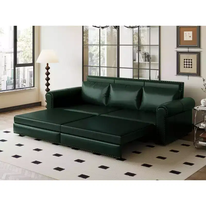 King Pull Out Sofa Bed, 3-in-1 Faux Leather Convertible Sleeper Sofa with Nailhead Trim & Rolled Arm Green