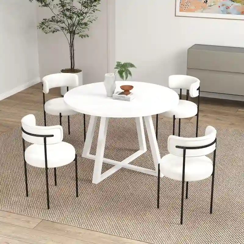 Roundhill Durban 5-Piece Round Dining Set, Trestle Dining Table with 4 Boucle Chairs