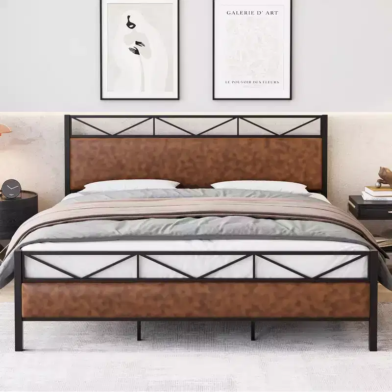 Industrial Platform King Bed Frame with Upholstered Headboard, 14 Metal Slats, 11'' Under-Bed Storage, Brown