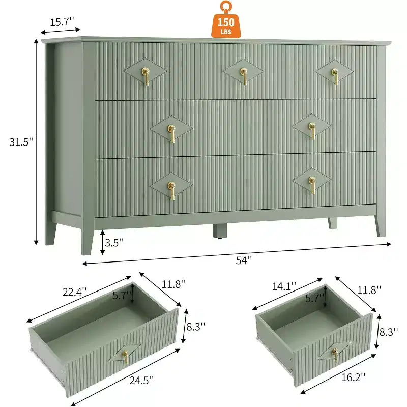 Dresser for Bedroom with 7 Drawers, 54 Wide Modern Chest of Drawers with Metal Handle, Dresser TV Stand, Wood Drawer Organizer for Bedroom