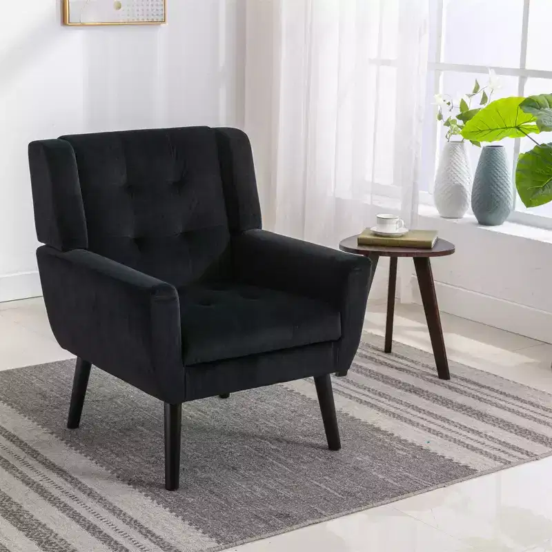Modern Accent Chair Button-Tufted Living Room Chair with Soft Upholstered Armchair with Black Wood Legs Ergonomics for Bedroom