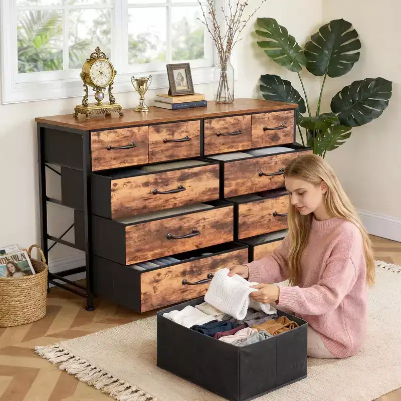 Wide Rustic Brown 10-Drawer Fabric Storage Chest of Drawers