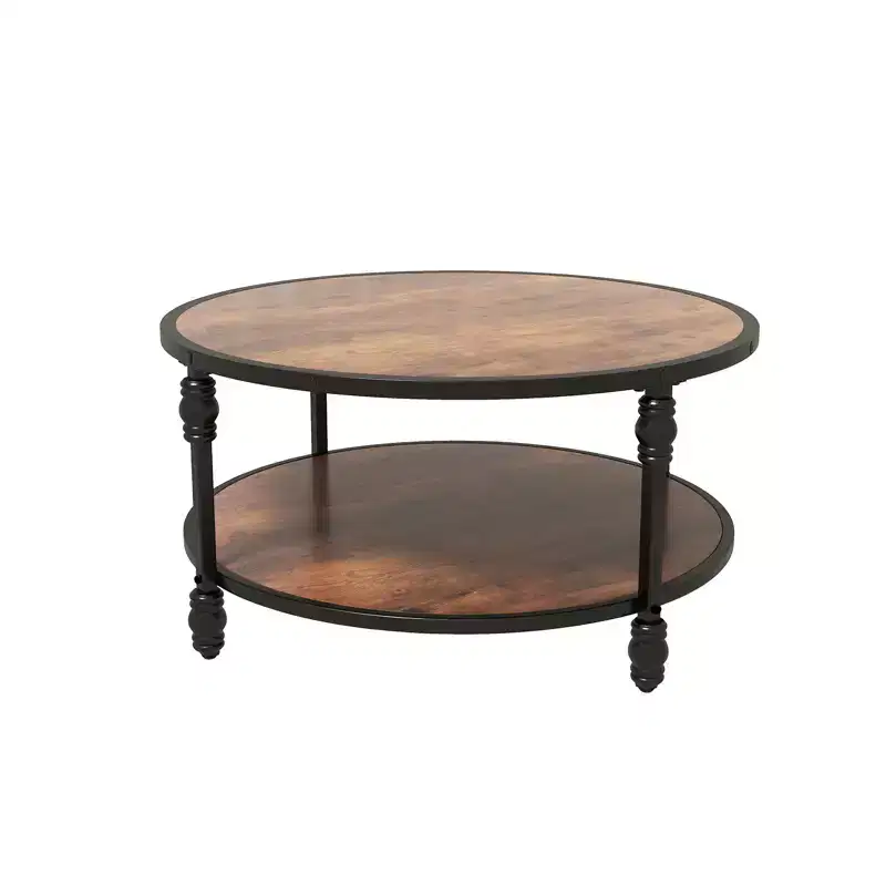 Round coffee table 77 cm  2 spacious shelves  Rustic vintage style wood and metal  Easy assembly  Ideal for living room, lounge or side table
