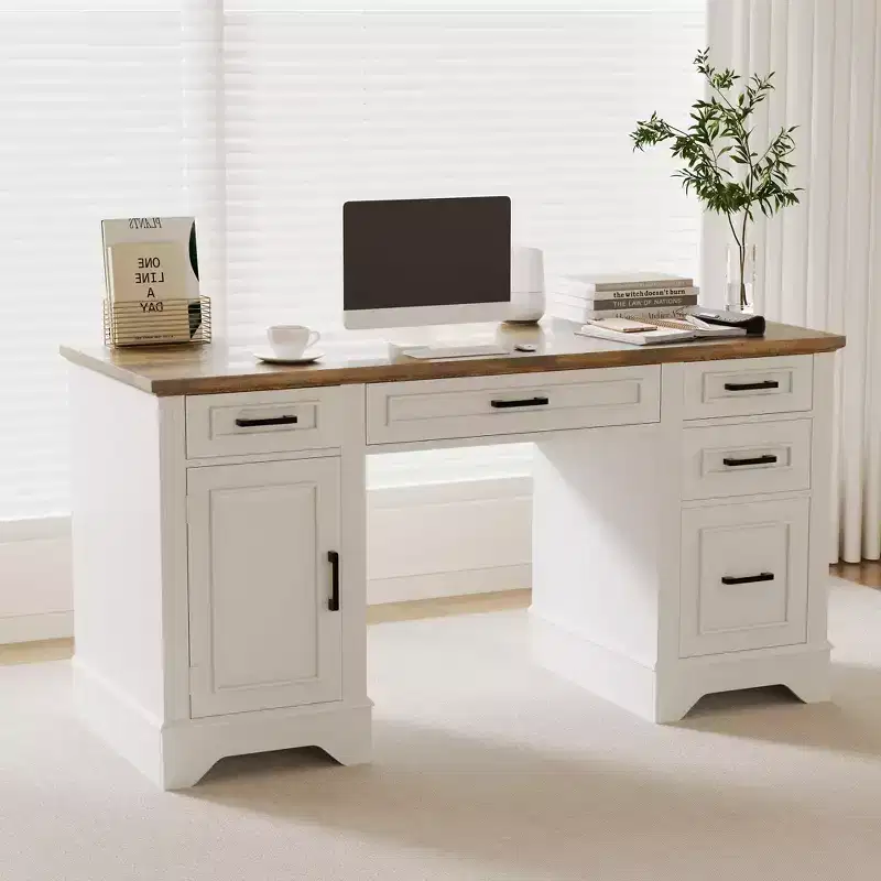 Executive Office Desk - Farmhouse 58 Office Desk with Storage, Wood Executive Computer Desk, Keyboard Tray, File Drawer, for Home Office Remote Work