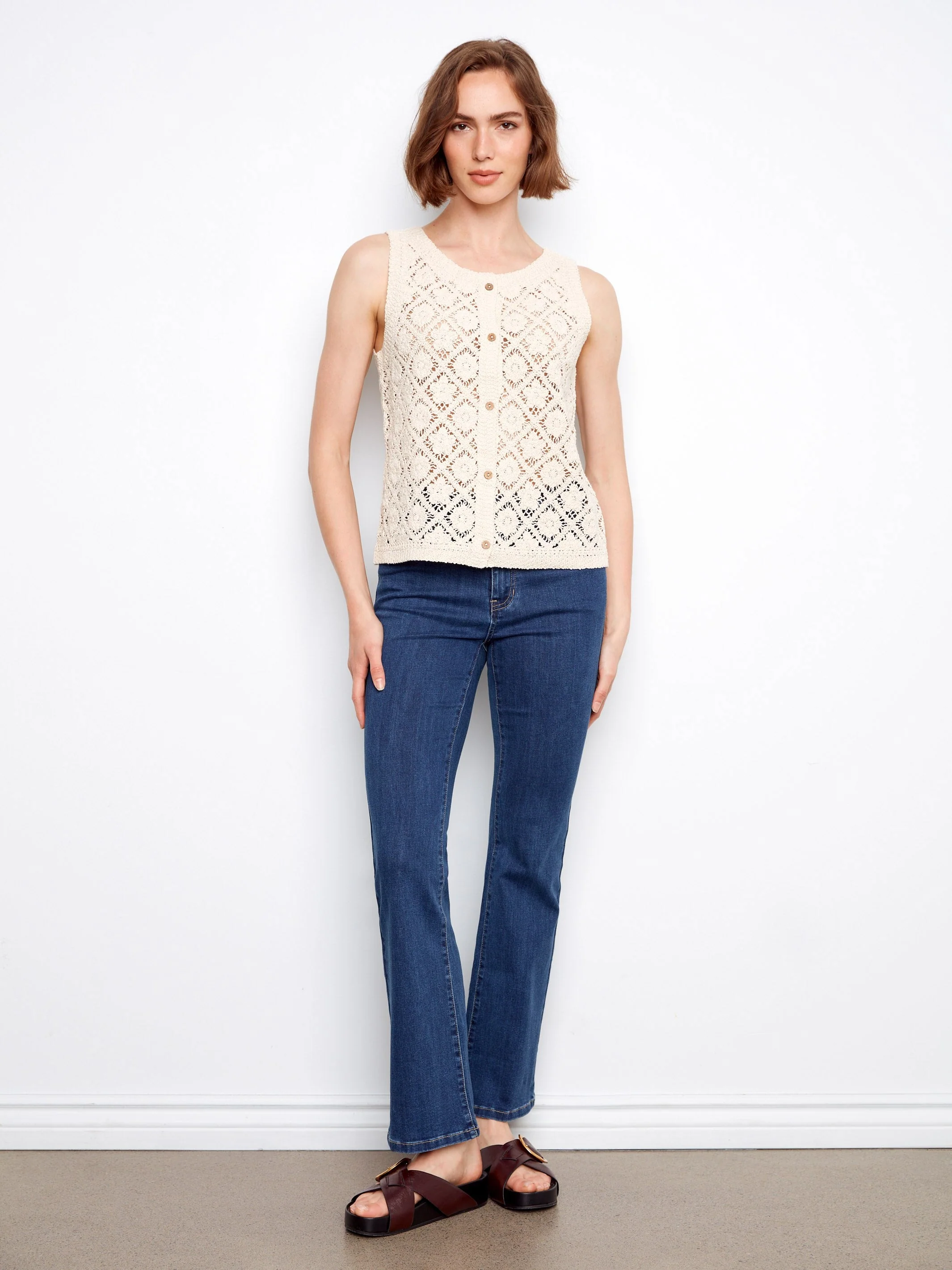 Crochet Cotton Sleeveless Vest - Natural
