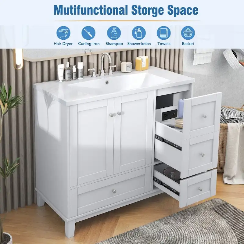 36 Inch Modern Bathroom Vanity with USB Charging and Single Resin top