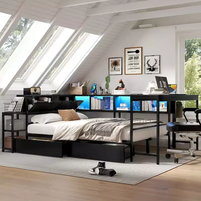 GDFStudio Curme Modern Corner Bed with Bookcase and 2 Underbed Storage Drawers