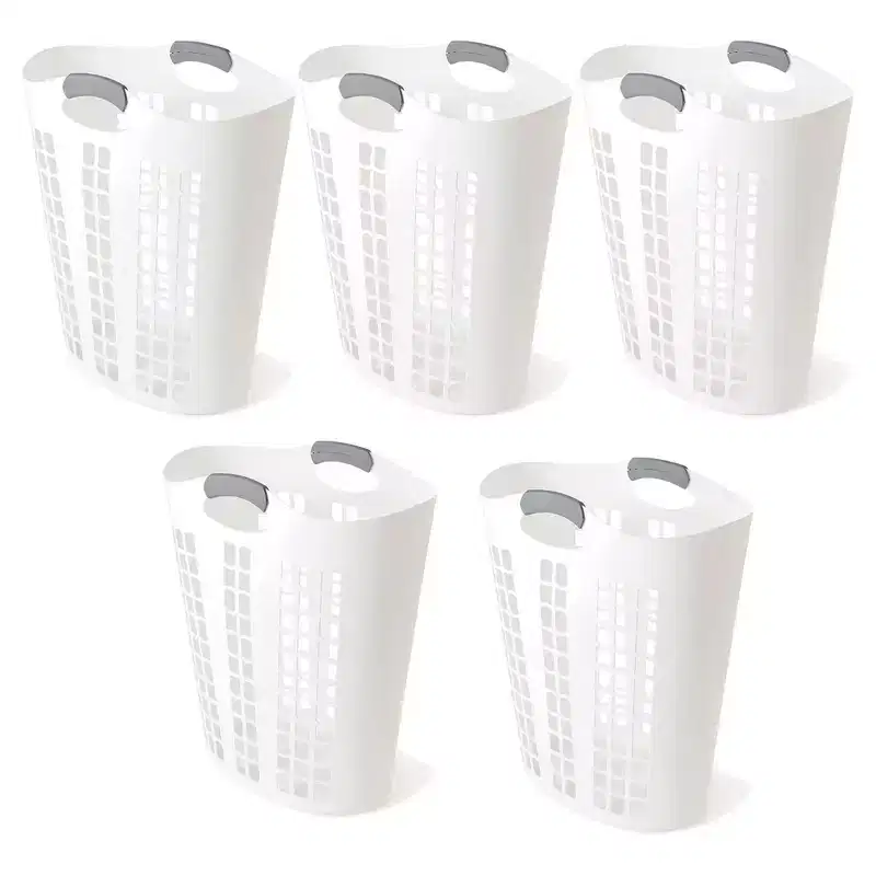 Large Ventilated Plastic Laundry Hamper 87.5L with Handles Slim Design 5-Pack White