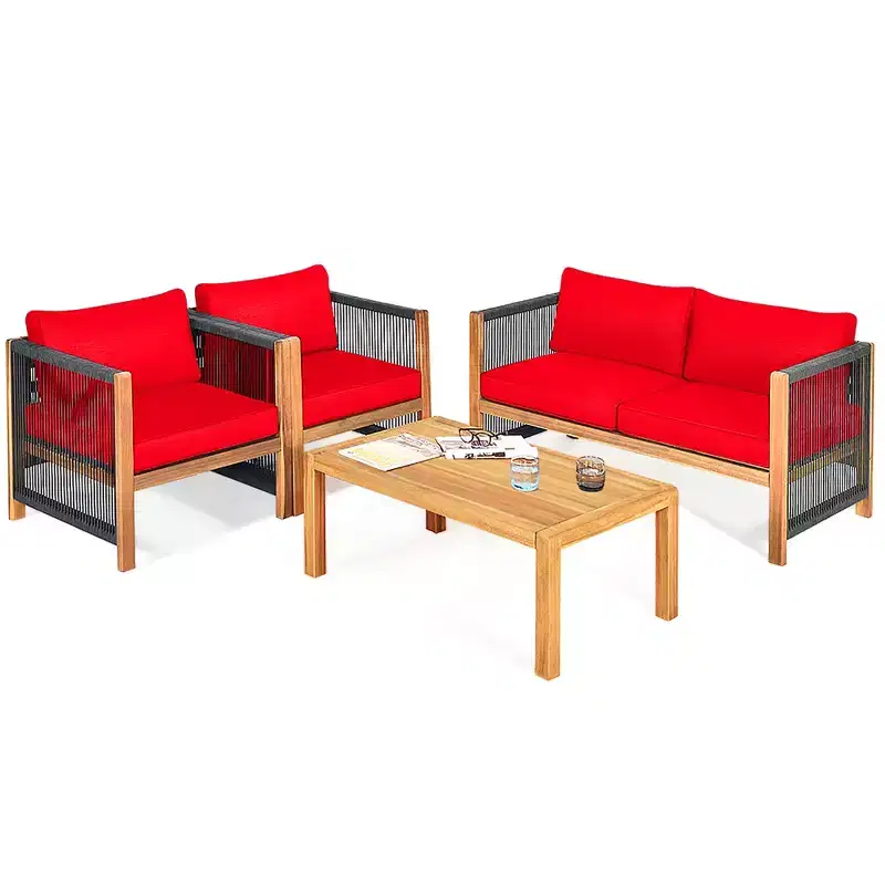 Costway 4PCS Wooden Patio Furniture Set Cushioned Sofa W/Rope Armrest White\Turquoise\Red