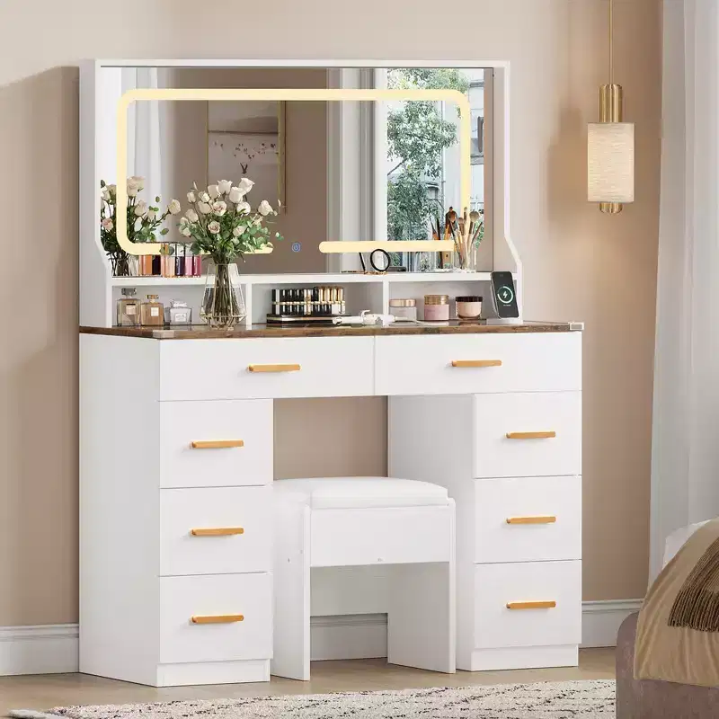 42 Vanity Desk with LED Lighted Mirror & Power Outlet - Modern Makeup Dressing Table with 8 Drawers, Glass Top, Cushioned Stool & Hairdryer Holder