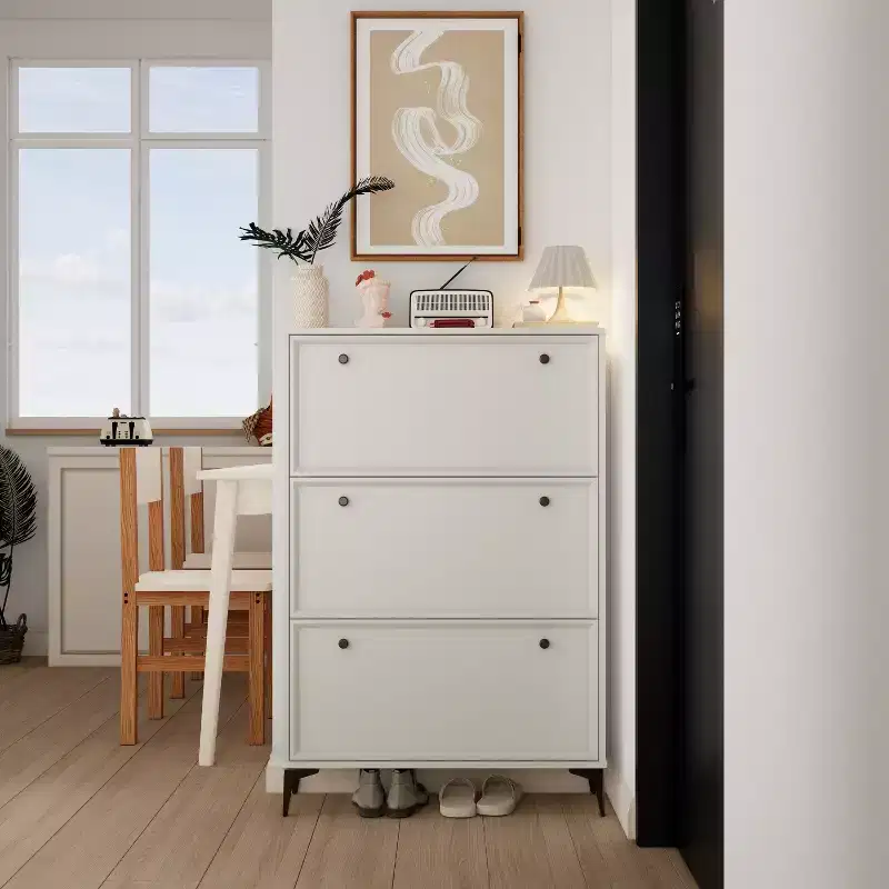 Okak Stylish Shoe Cabinet, Shoe Storage Cabinet with 3 Flip Drawers and Independent Legs, Narrow Shoe Cabinet for Living Room, Hallway, Glossy White
