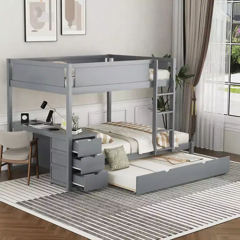 Full over Full Bunk Bed with Trundle and Desk, Solid Wood Bunk Bed Frame with Storage Drawers and shelves for Kids Adults Bedroom