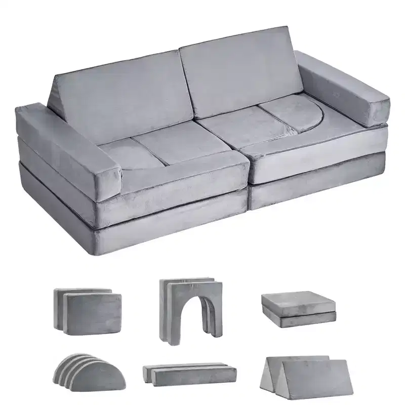 VEVOR Modular Kids Play Couch, Sectional Toddler Sofa with Armrests, 28D Sponge & Short Pile, Convertible Kids Modular Couch, 14 Pcs, Gray