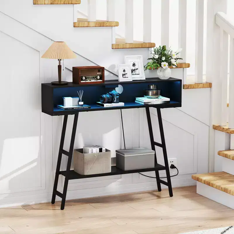 Costway 40'' Console Table w/ Power Strip 3-Tier Entryway Table w/ RGB LED Lights Black