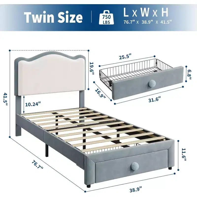 Upholstered Kids Bed Frame with Headboard and Storage Drawer, Velvet