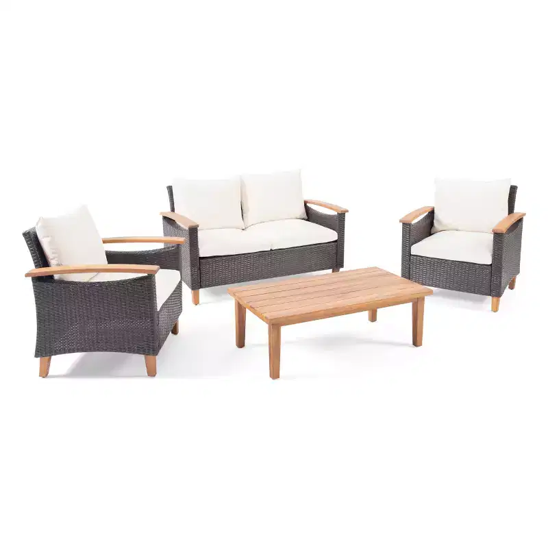 Christopher Knight Home Velthur Outdoor Wicker and Acacia Wood 4 Seater Chat Set