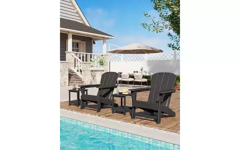 Set of 2 HDPE Adirondack Patio Chairs  380 lbs Capacity, Weather Resistant, Wood Grain Texture, Wide Armrests, Slatted Back