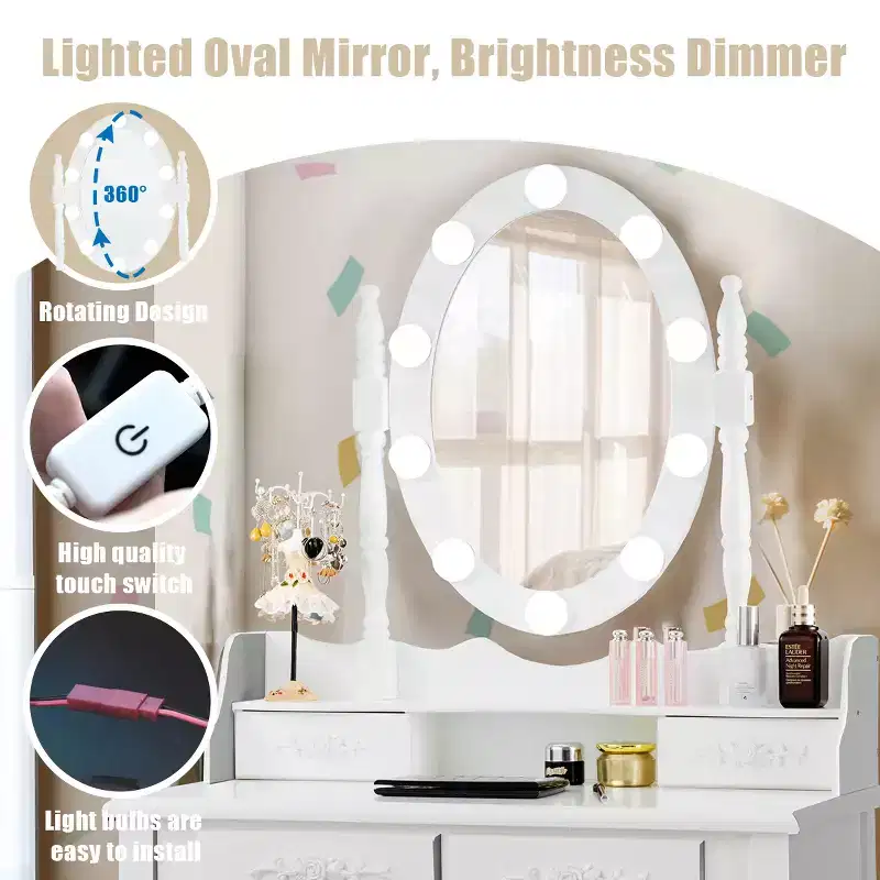 Costway Vanity Table Table 10 Dimmable Bulbs Black White Brown