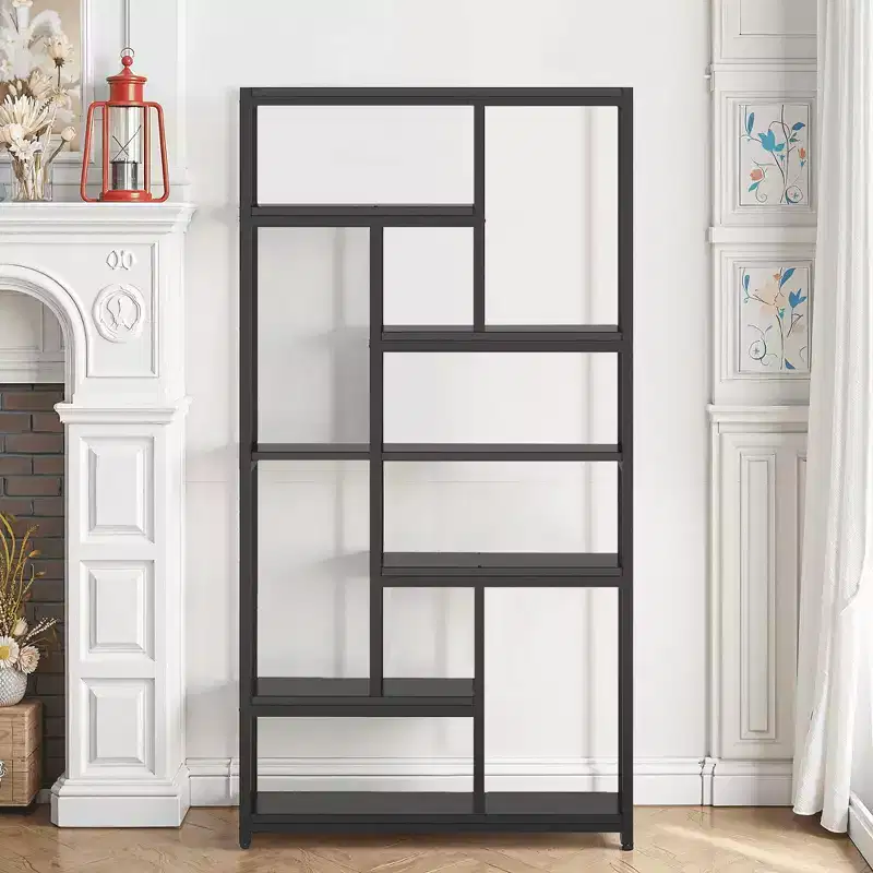 MAYEERTY 10-Tier Staggered Open Bookshelf, Industrial Wood & Metal Tall Bookcase