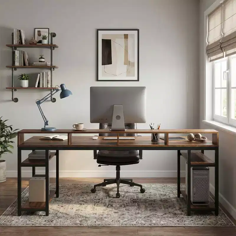 MAYEERTY 78.7 Two Person Computer Desk, Office Table with Monitor Stand and 4 Open Shelves