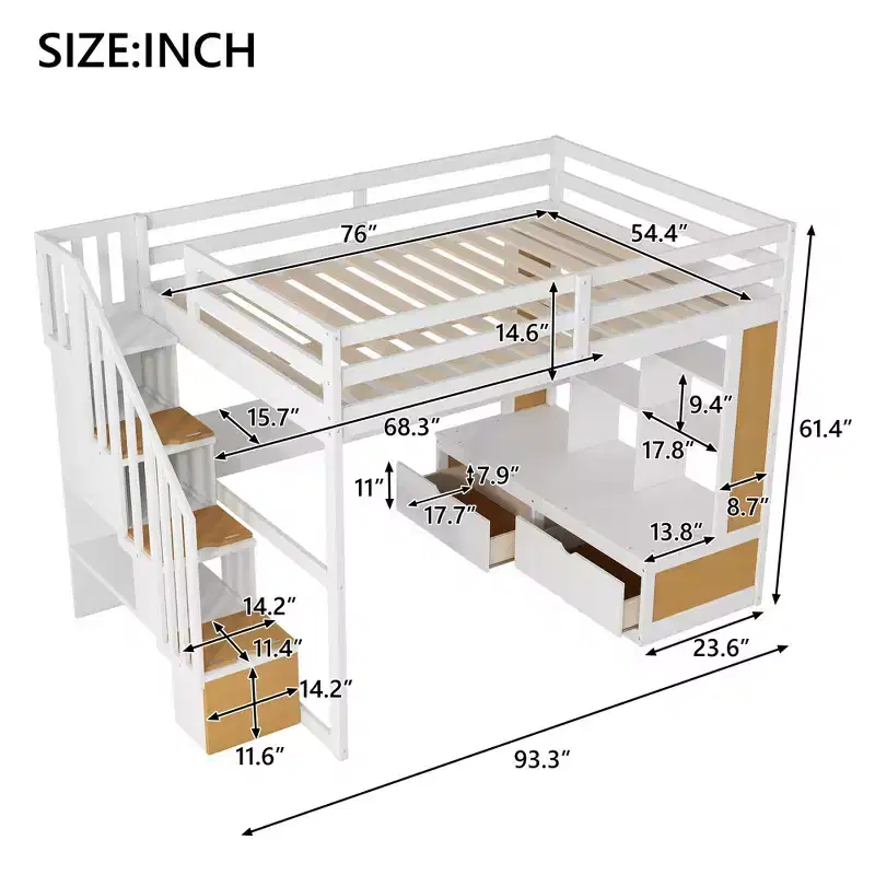 Full Size Loft Bed with Stairs and Desk, Wood Loft Beds Frame with Storage Drawers and Bookcase Shelves for Adults Teens Kids
