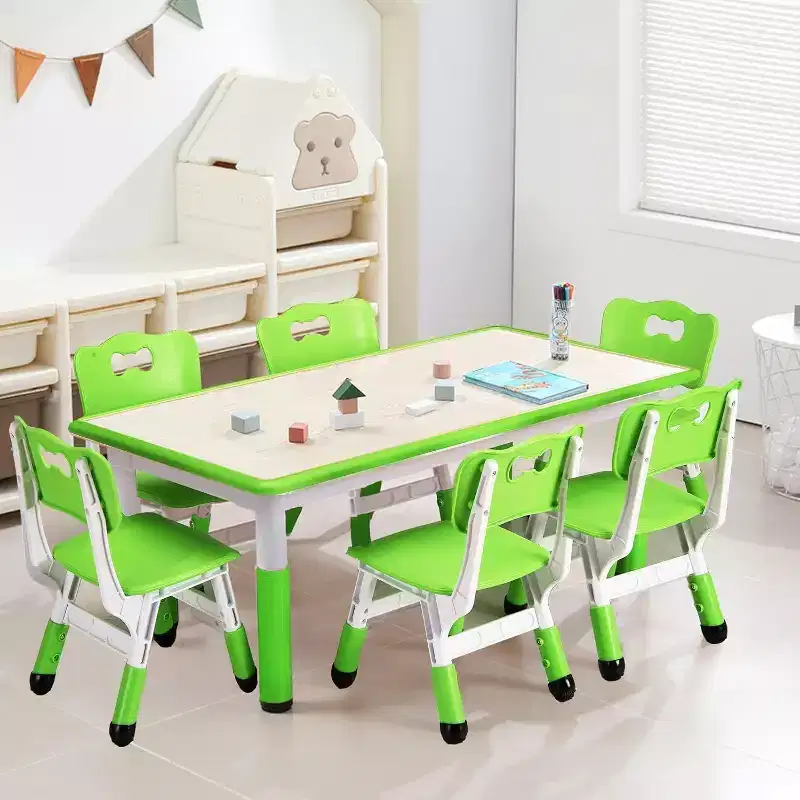 Acekool Kids Table and 6 Chairs Set, Height Adjustable Multi-Activity Table with Graffiti Desktop, Non-Slip, Ages 2-10
