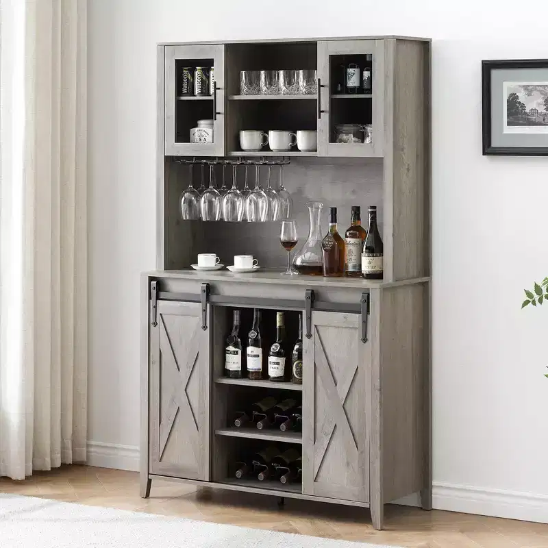 Farmhouse Bar Cabinet with Sliding Barn Door, 70 Rustic Storage Buffet with Wine Rack & Glass Holder for Kitchen, Dining Room or Home Bar