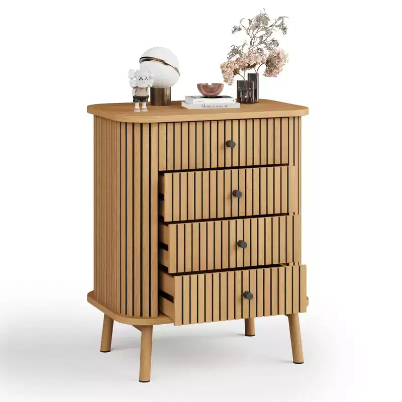 COZONY 4 Drawer Dresser, Boho Wicker Chest of Drawers with Matte Black Handles and Wood Legs for Bedroom, Living Room, Hallway