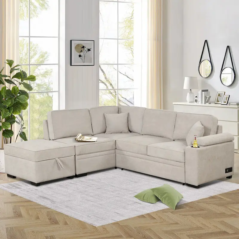 Linen 2 in 1 Pull Out sofa bed L-Shape Couch with Storage Ottoman and Cup Holder Sleeper Sofa Bed with Backrest and Pillows