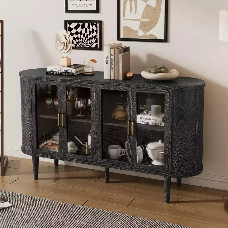MAYEERTY Sideboard Storage Cabinst Wood with Glass Doors Adjustable Shelves for Living Room Kitchen Black