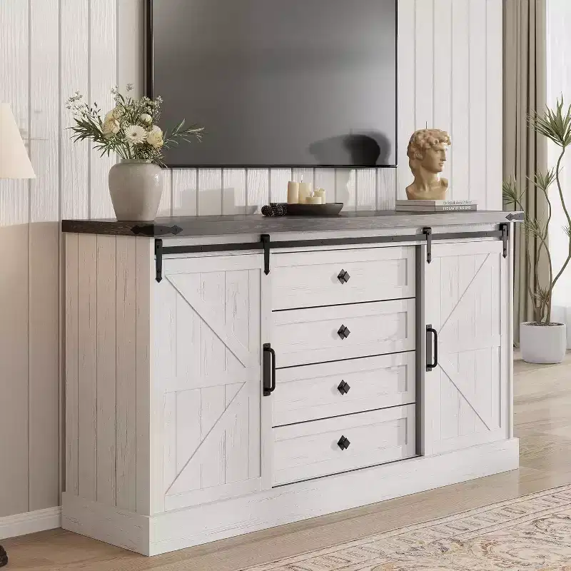 Farmhouse TV Stand - Sliding Barn Doors & 4 Drawers, Media Console for 65 TVs in Living Room