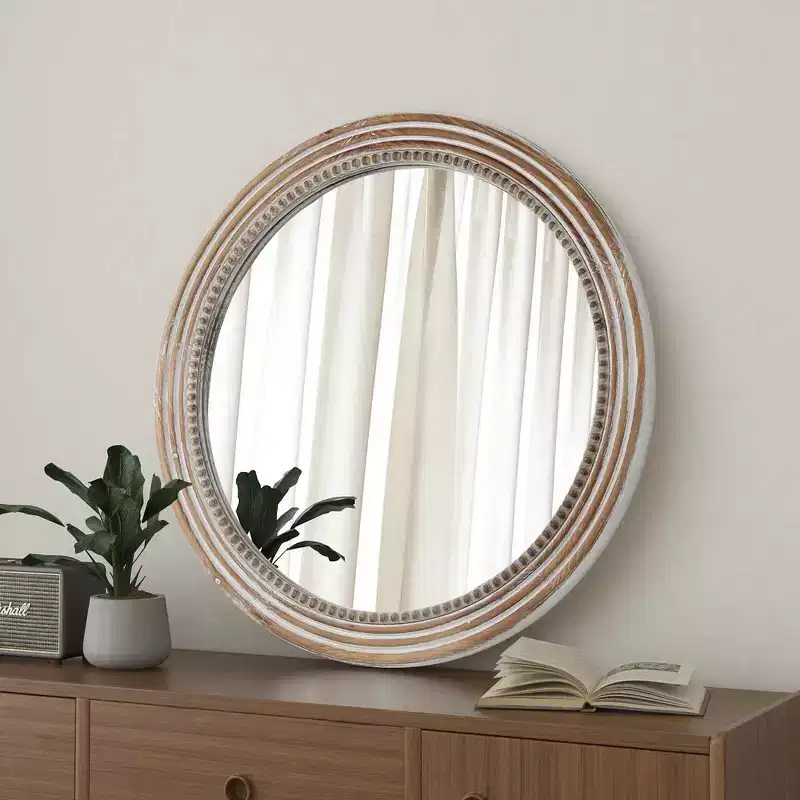 Farmhouse Round Decorative Wall Mirror with Beaded Decor, Rustic Wood Frame for Home Antique Natural