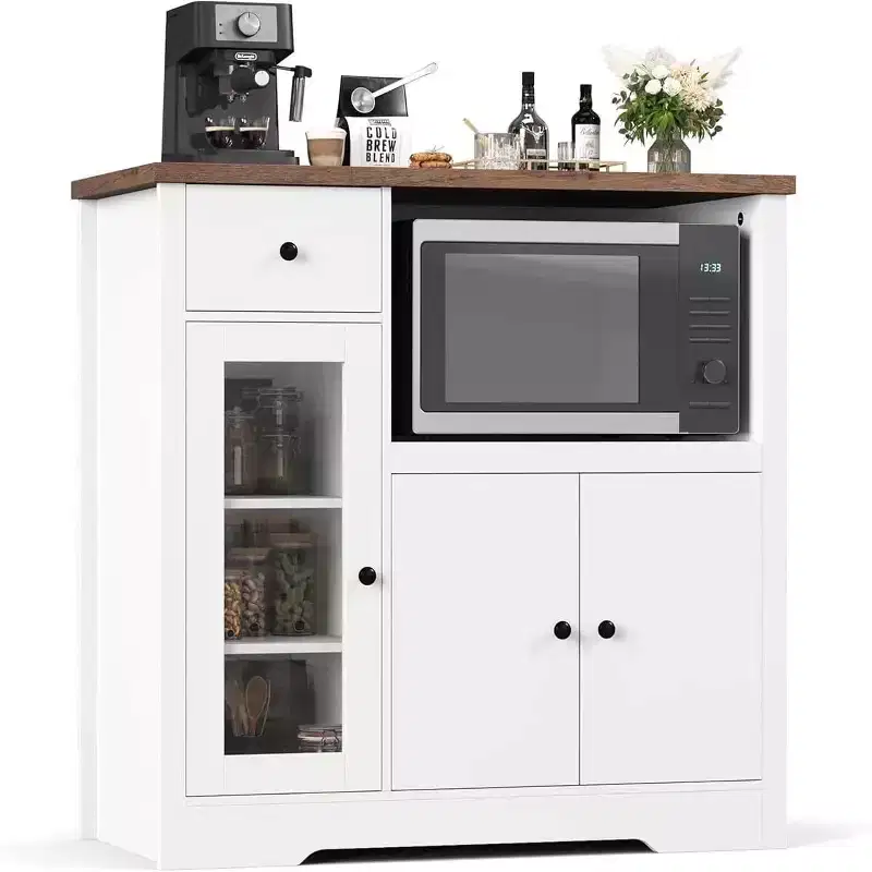 Kitchen Microwave Cabinets with Storage,with 3 Doors,1 Drawer and Adjustable Shelves, Pantry Storage Cabinet