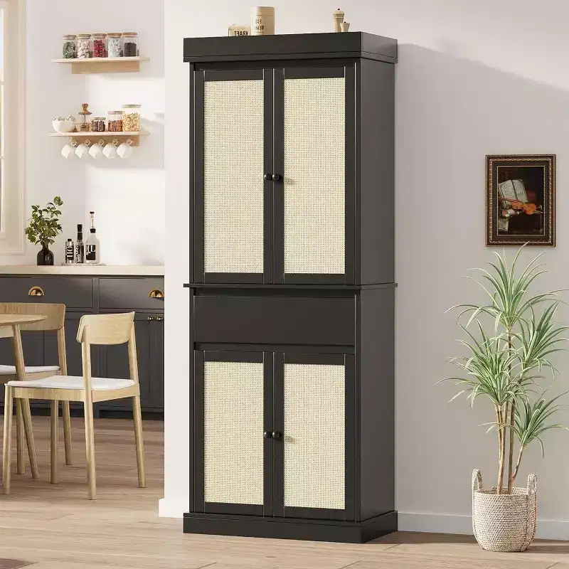 69 Modern Tall Rattan Storage Cabinet, Freestanding Cupboard with Doors, Adjustable Shelves, and Drawer for Bathroom, Dining Room, Living Room