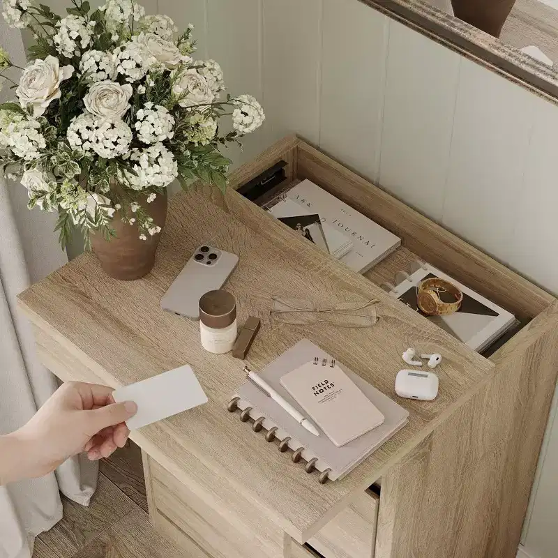 Smart Light Oak Nightstand with Hidden Drawer, NFC Lock Flip-Door & Bottom Kick Drawer, Bedside Table
