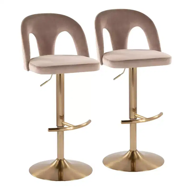 LumiSource Set of 2 Ava Adjustable Barstools Gold/Taupe Velvet