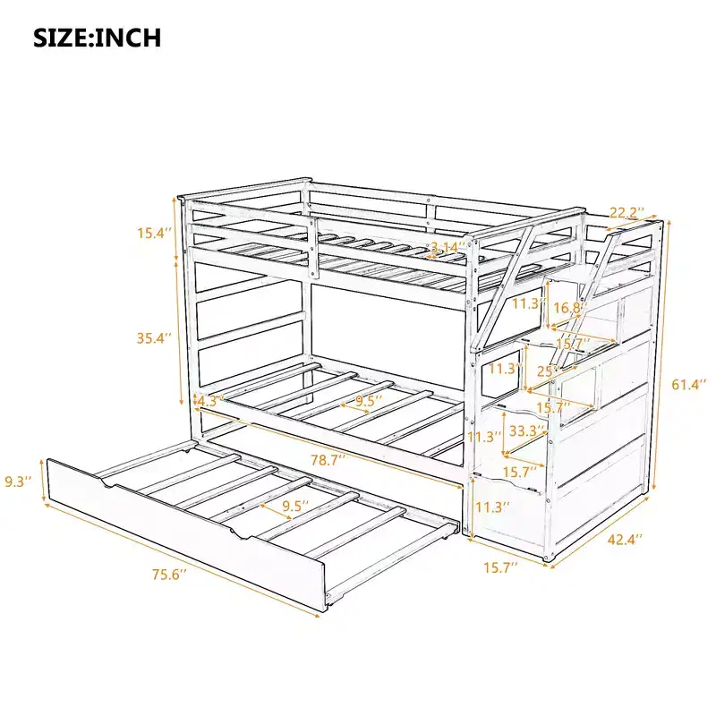 Twin over Twin Bunk Bed with Trundle and Storage Stairs, Wood Bunkbed with Full-Length Guardrails