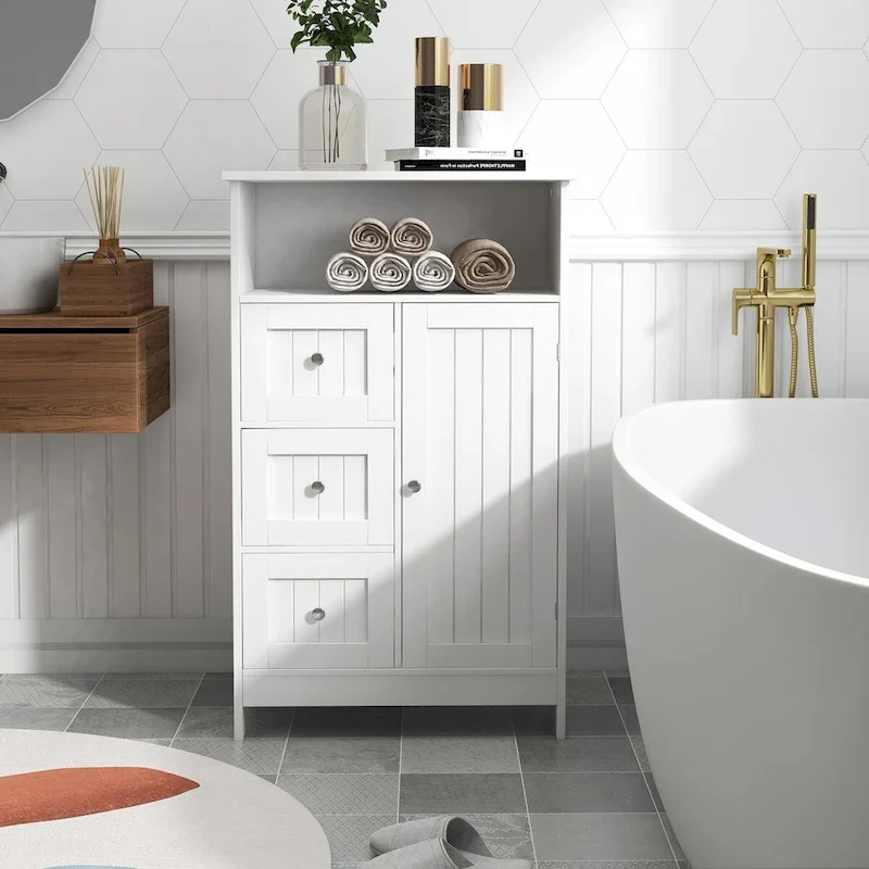 White Bathroom Standing Storage Cabinet with 3 Drawers and 1 Door